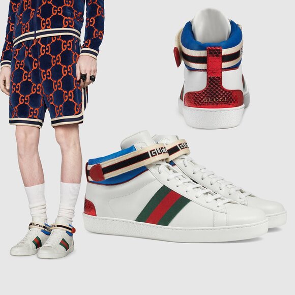 GUCCI SNEAKERS MENS ACE LOGO STRIPE WEB SNAKE BACK HITOP SHOES 6.5G / US 7 - Picture 1 of 13